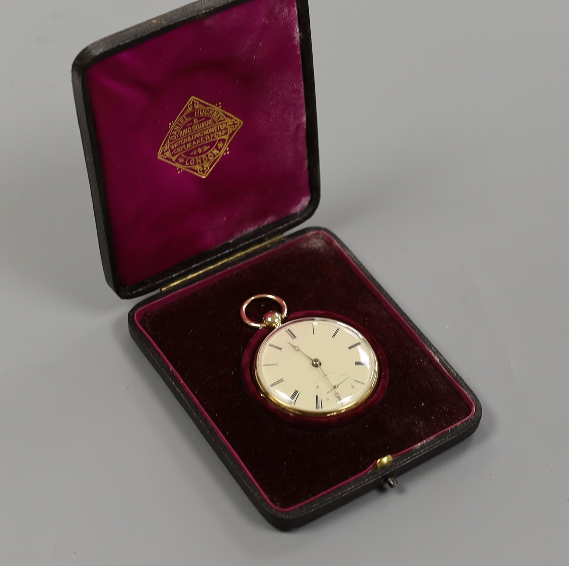 An 18ct gold open faced keywind pocket watch, by K.H. Jones, Liverpool, with Roman dial and subsidiary seconds, case diameter 46mm